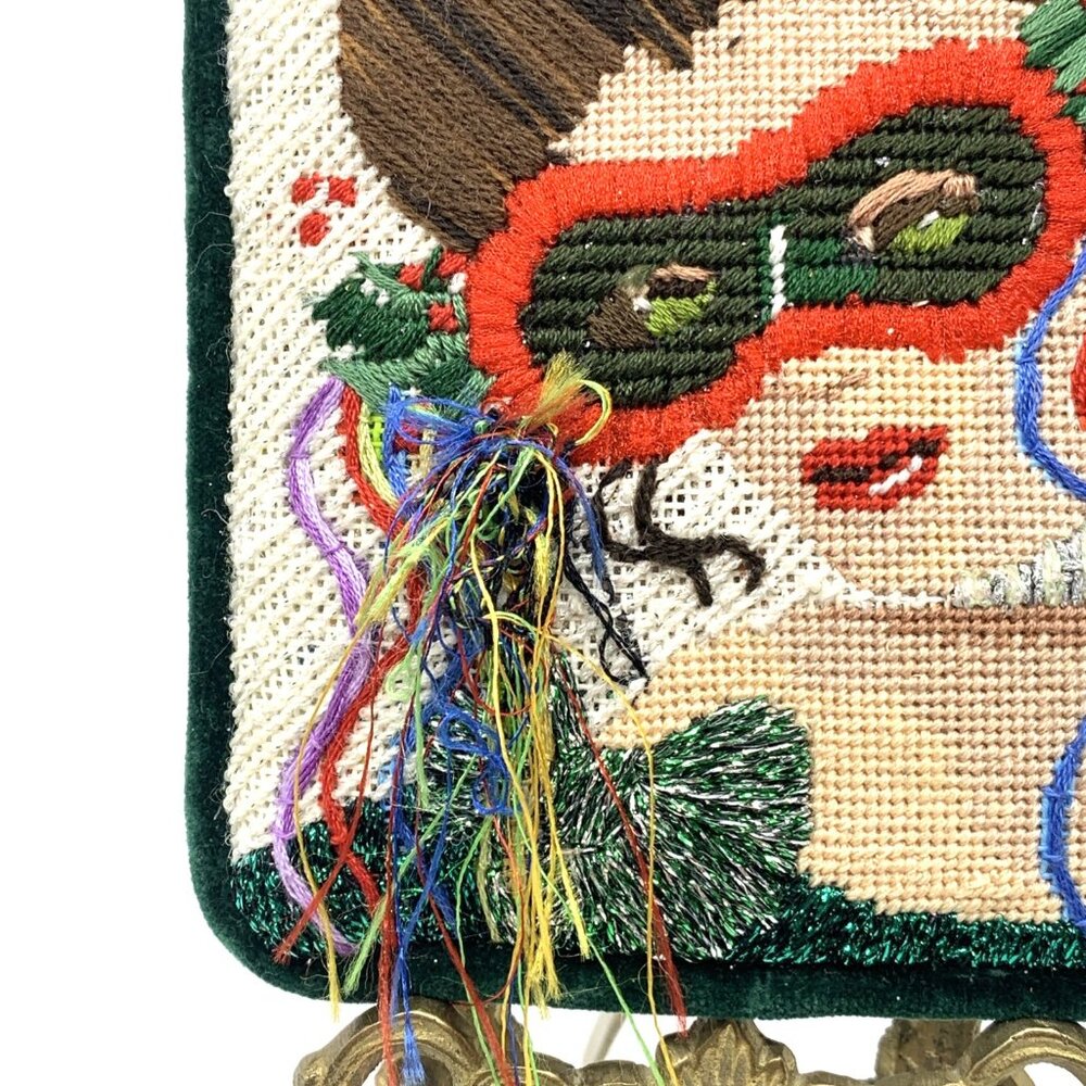 Vintage Handstitched Needlepoint Art Deco Pillow Flapper Masquerade Mask 6.5"x5" - Picture 3 of 10